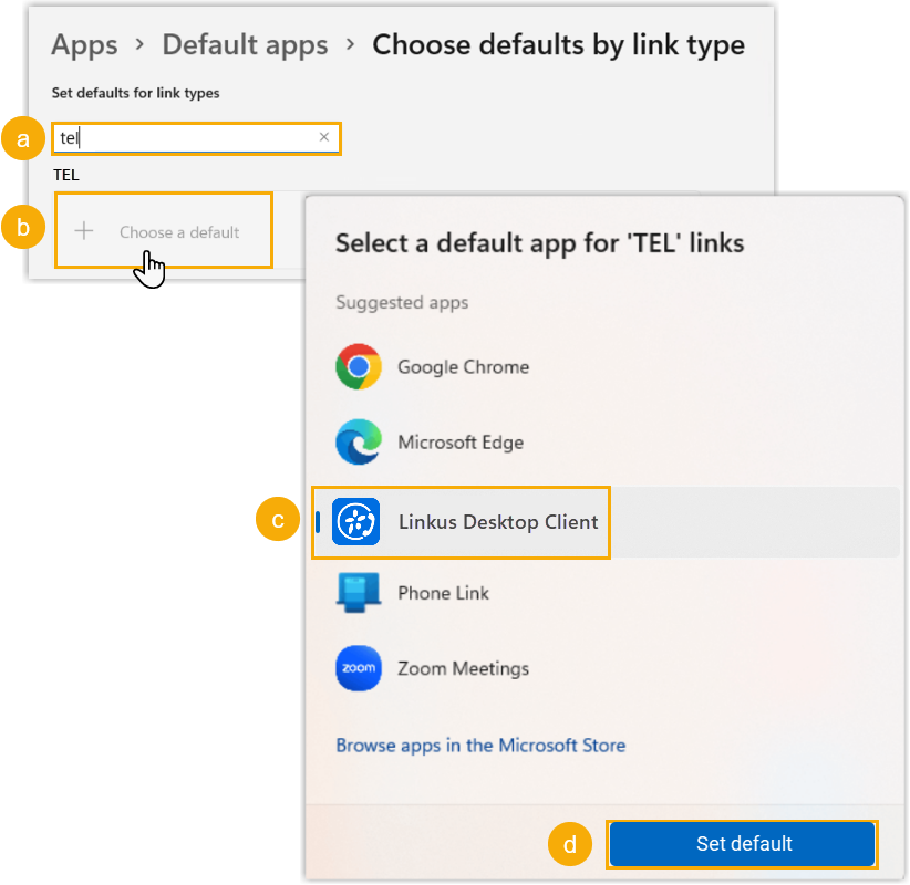 Cloud Voice, assigning the desktop client to the TEL link type in Windows 11 settings