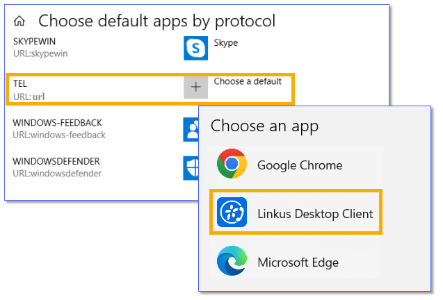 Cloud Voice, selecting the desktop client for the TEL protocol in Windows 10 settings