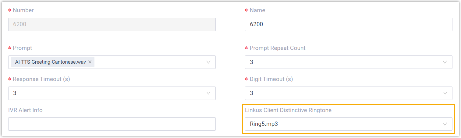 Cloud Voice, IVR settings showing the Cloud Voice App Distinctive Ringtone drop-down list