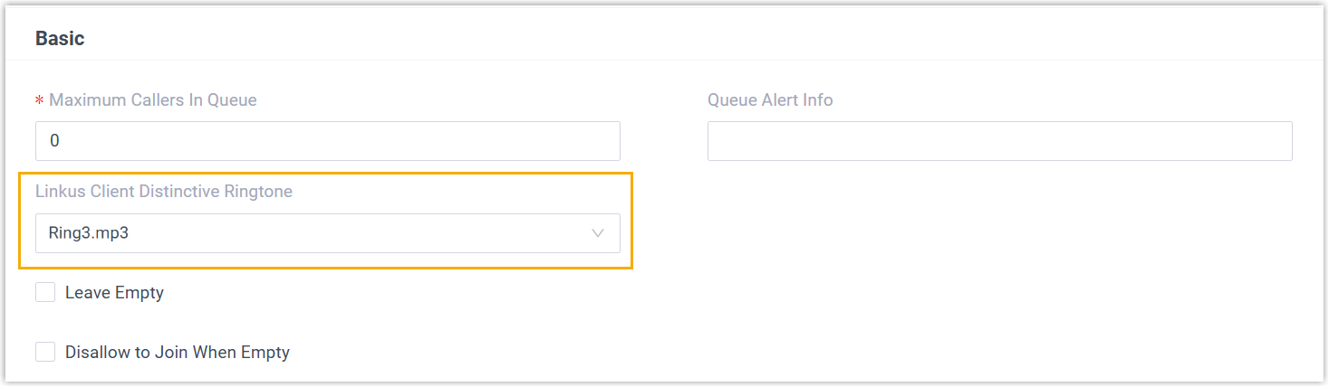 Cloud Voice, selecting a distinctive ringtone for a queue from the Cloud Voice App drop-down