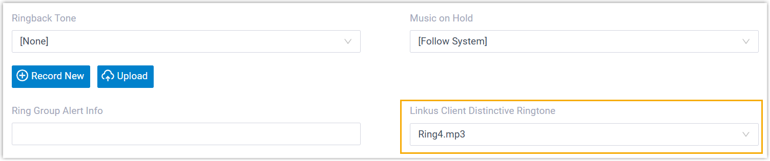 Cloud Voice, the Cloud Voice App Distinctive Ringtone drop-down on a ring group's settings page