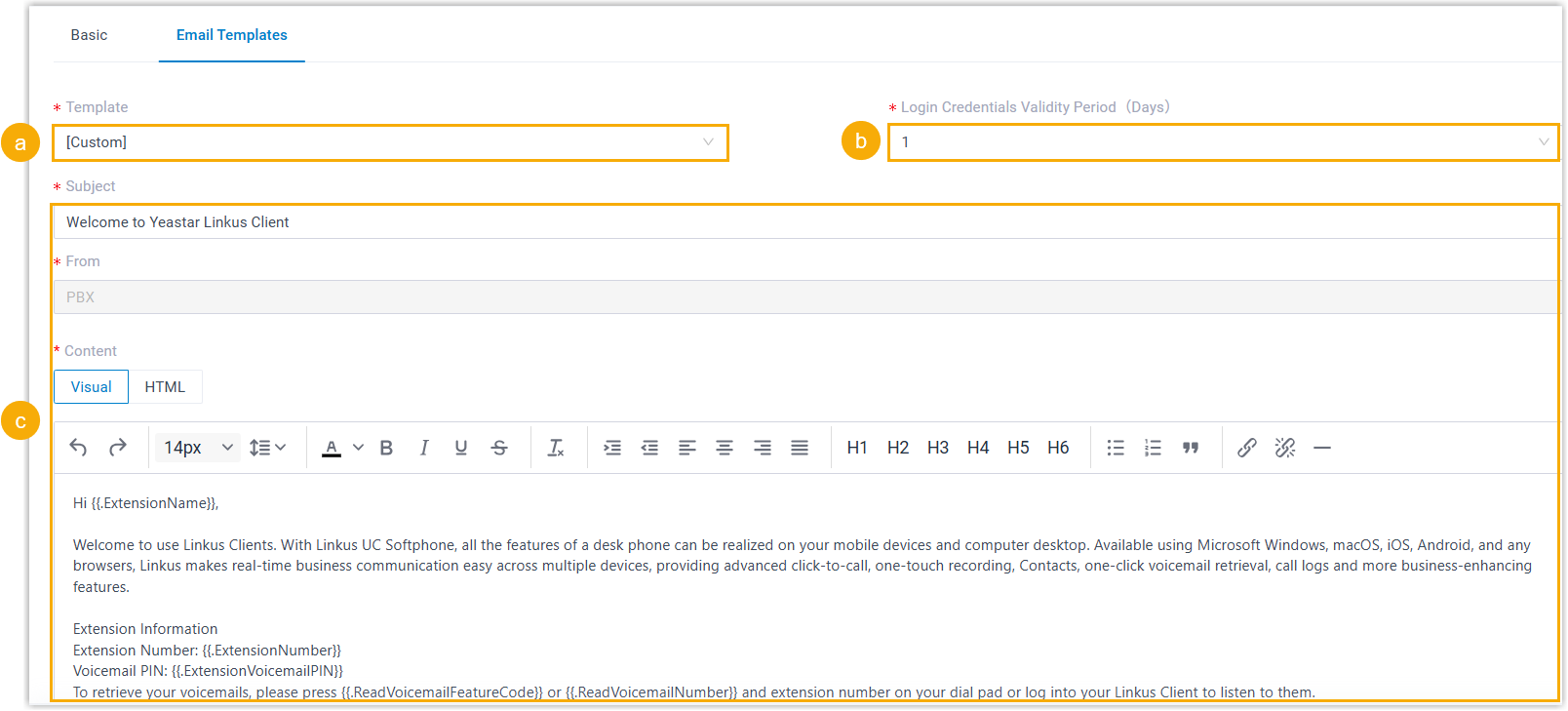 Cloud Voice, the welcome email template editor showing the template selector, subject, and body fields