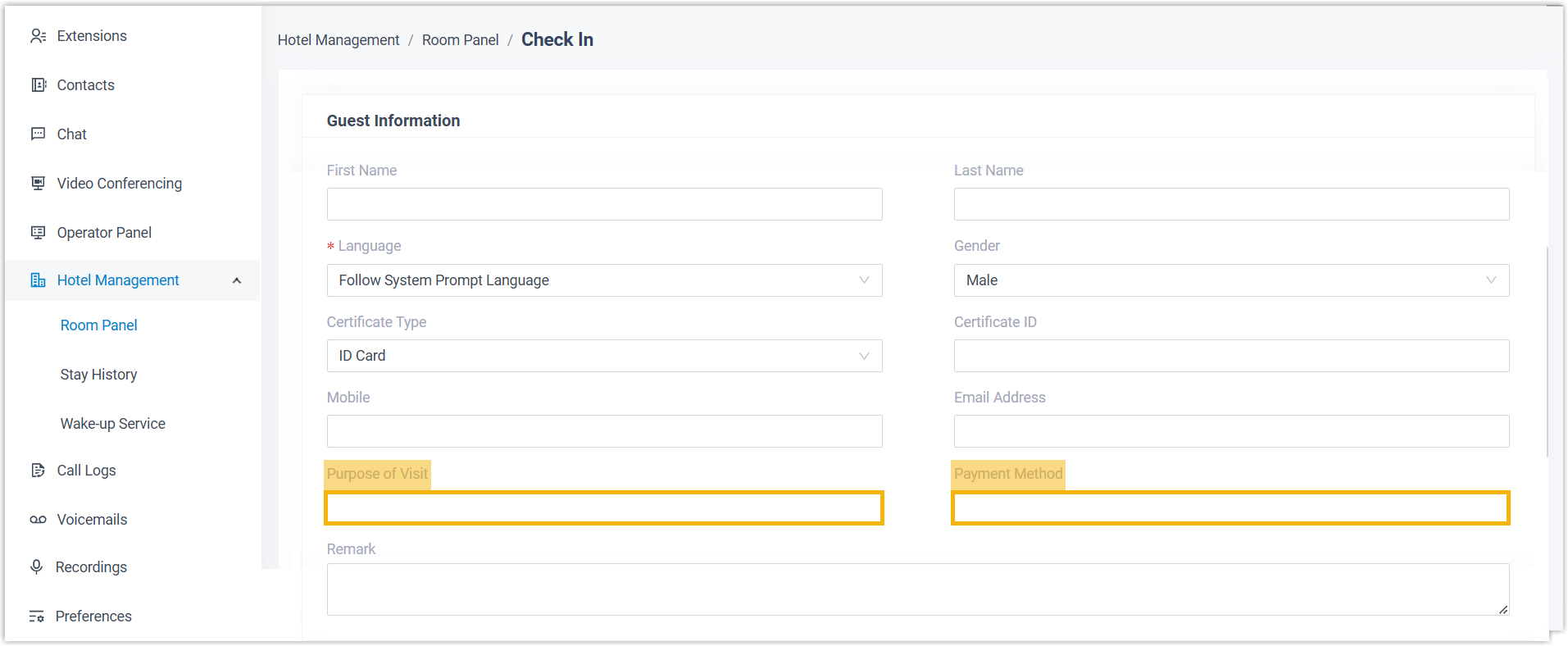 The same fields presented on the check-in form in the Cloud Voice App