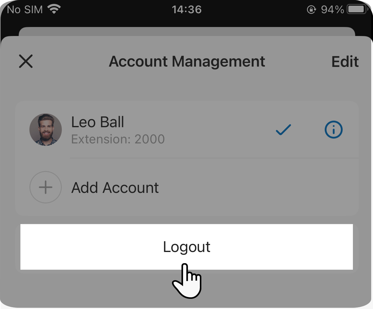 The account management screen with the logout option in the Cloud Voice App