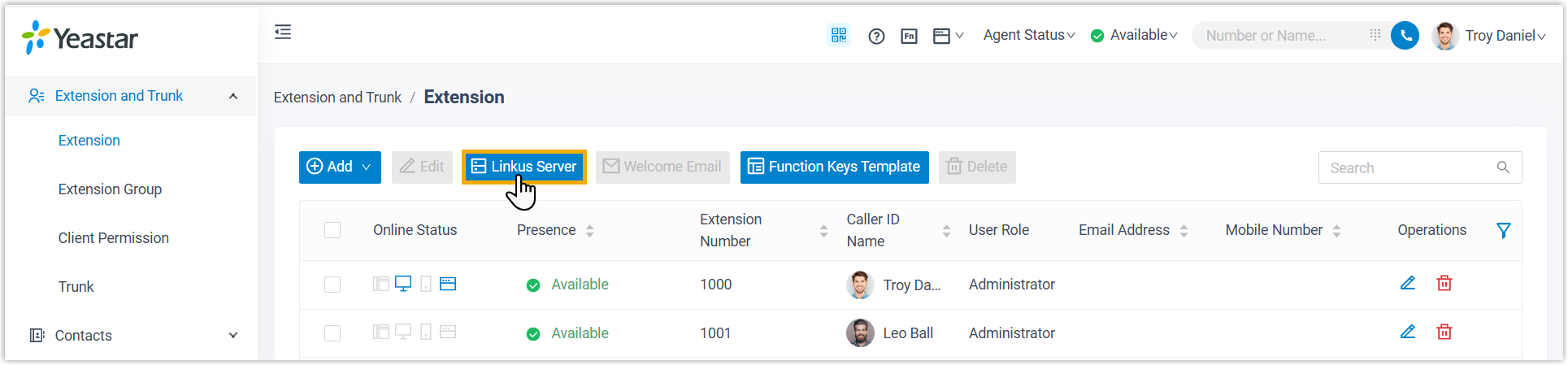 Cloud Voice, the Cloud Voice App Server button positioned above the extension list
