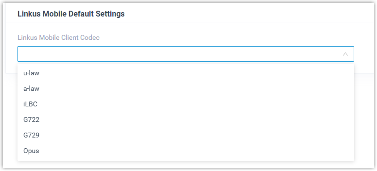Cloud Voice, the mobile default settings section with the codec drop-down selected