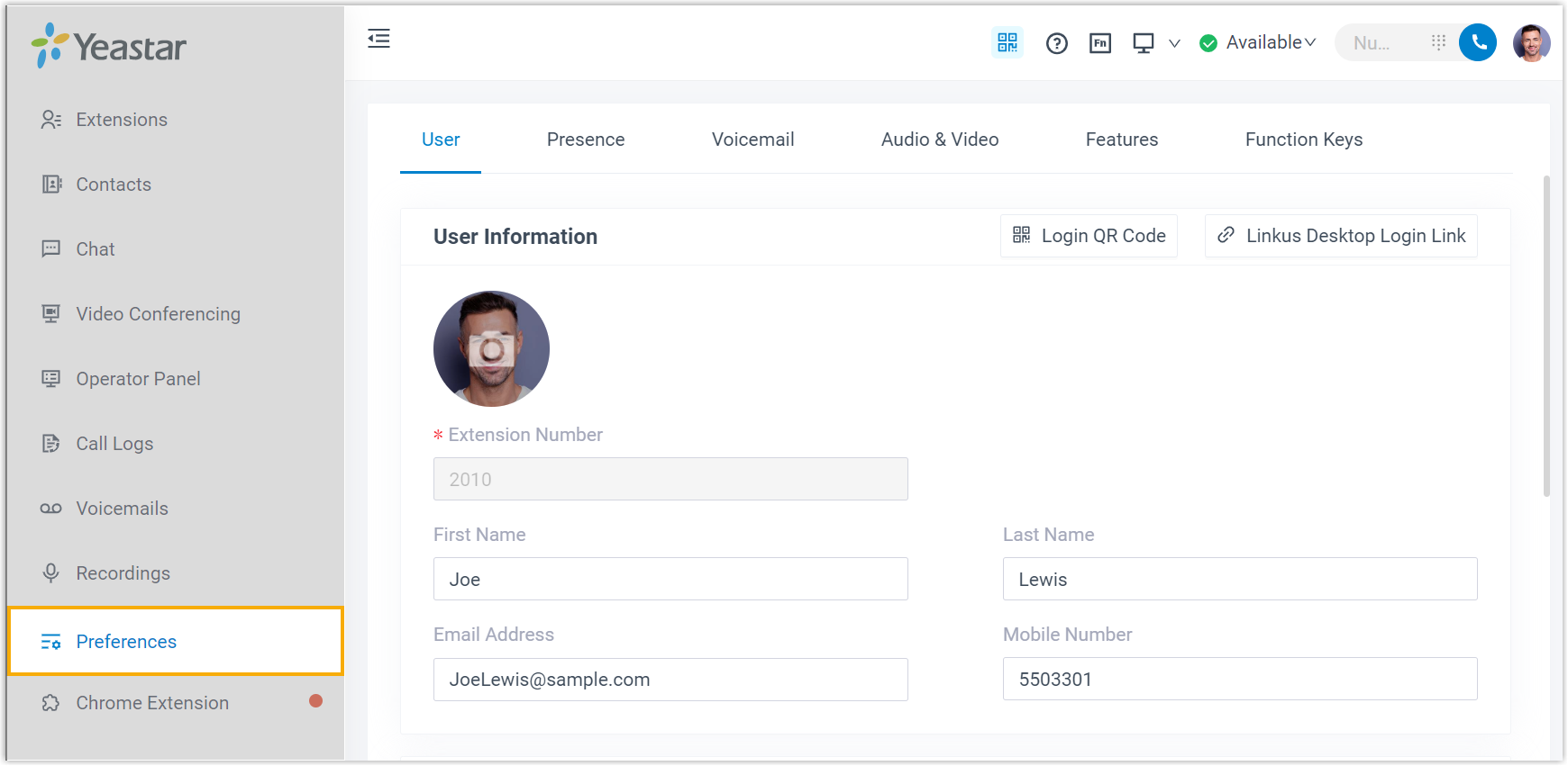 Cloud Voice, the Preferences menu in the Web app, listing the configurable setting tabs