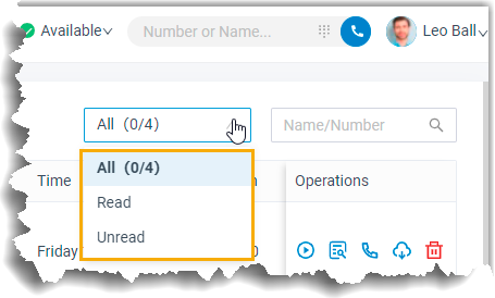 Voicemail status filter with options for message state