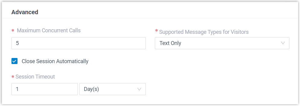 Advanced channel settings for concurrent call limits, allowed message types, and session timeout