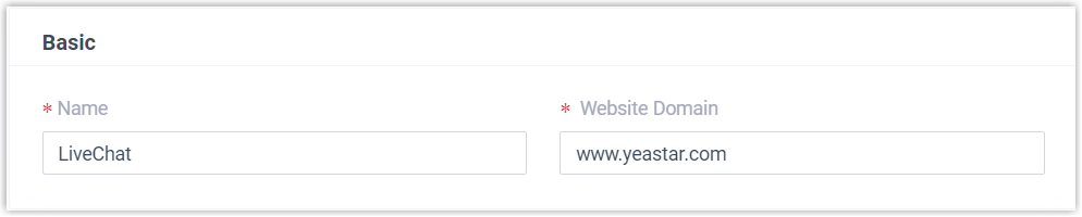 Basic settings for a new live chat channel, including its name and website domain