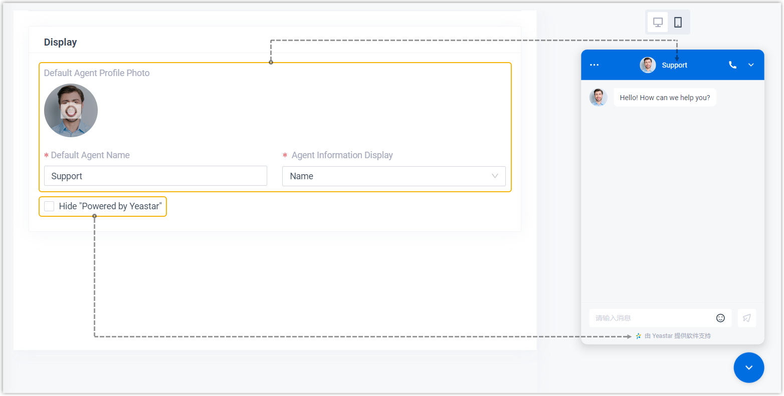 Cloud Voice, display settings for the details shown to visitors during a chat or call