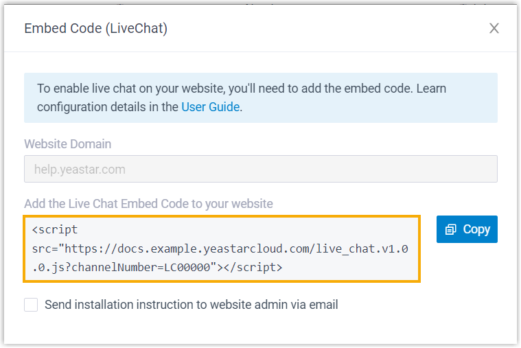 Cloud Voice, pop-up window displaying the generated live chat embed code