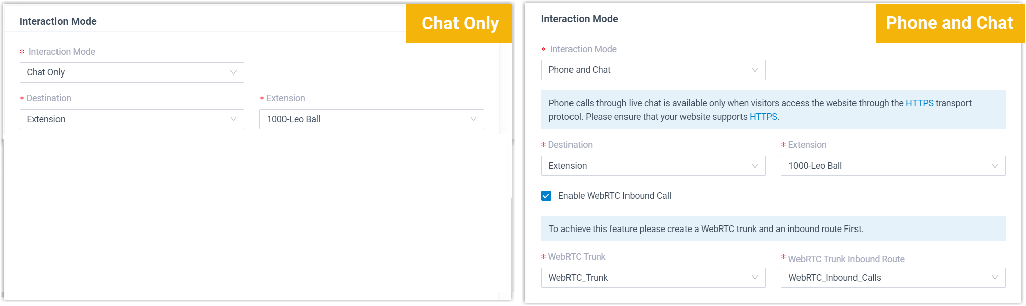 Interaction mode options controlling how visitors contact agents and where conversations route