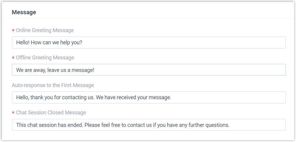 Auto-reply message fields for greetings, first-message responses, and session-closed notices