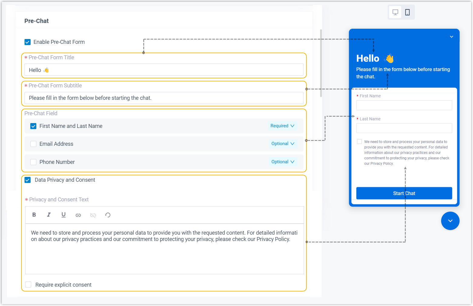 Pre-chat form settings for gathering visitor information before a conversation starts
