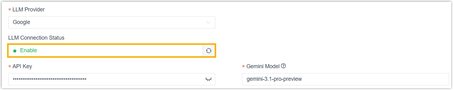 The LLM connection status showing as enabled