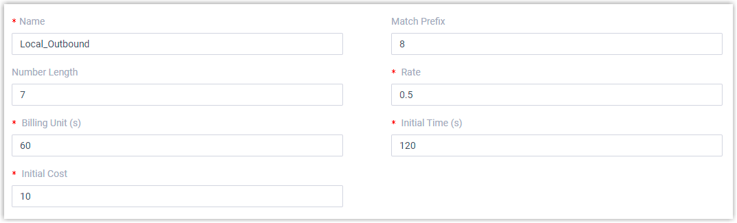 Rate settings for a new outbound call rate rule