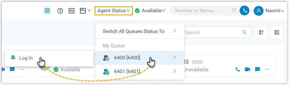 Logging in to a single queue from the Agent Status menu