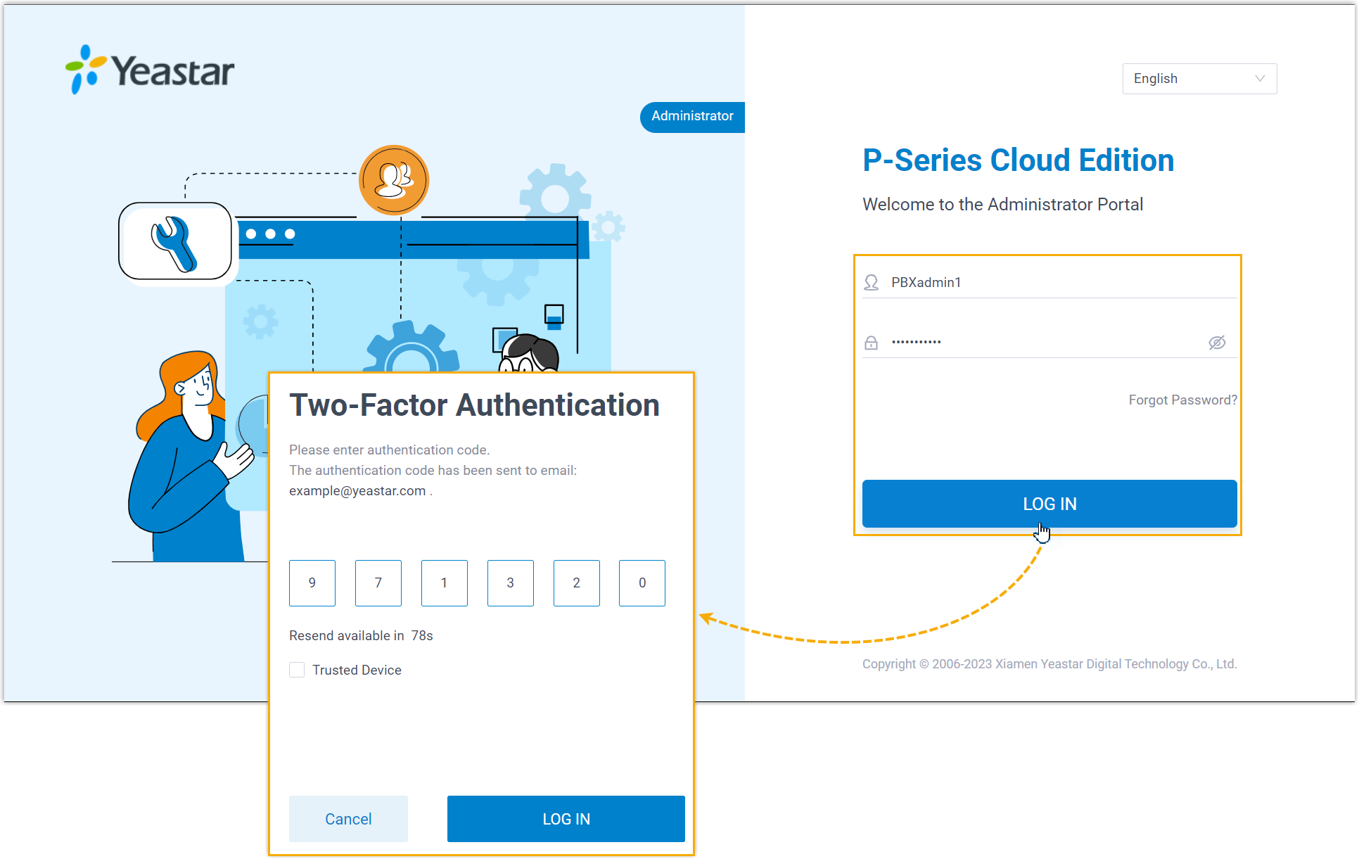Cloud Voice, the sign-in screen prompting for an emailed authentication code with a Trusted Device option