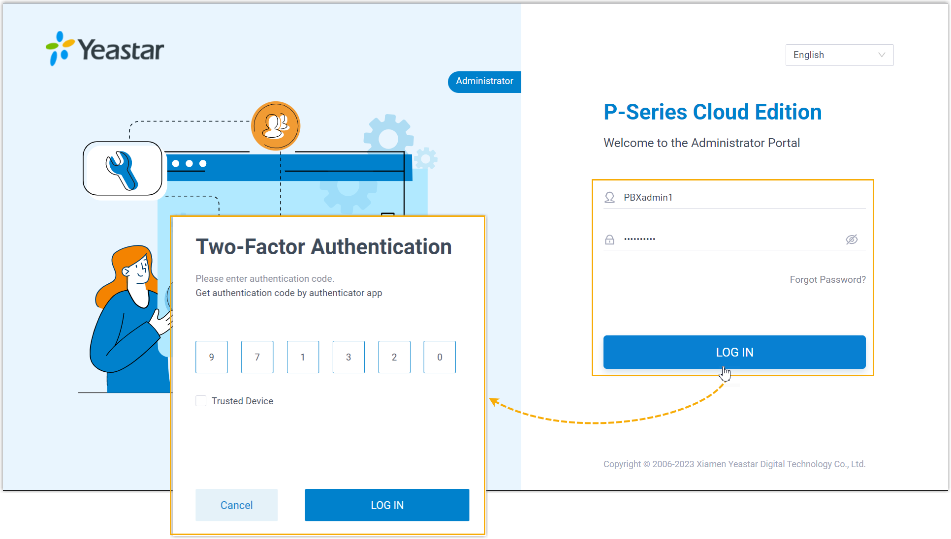 Cloud Voice, sign-in prompt requesting a two-factor authentication code