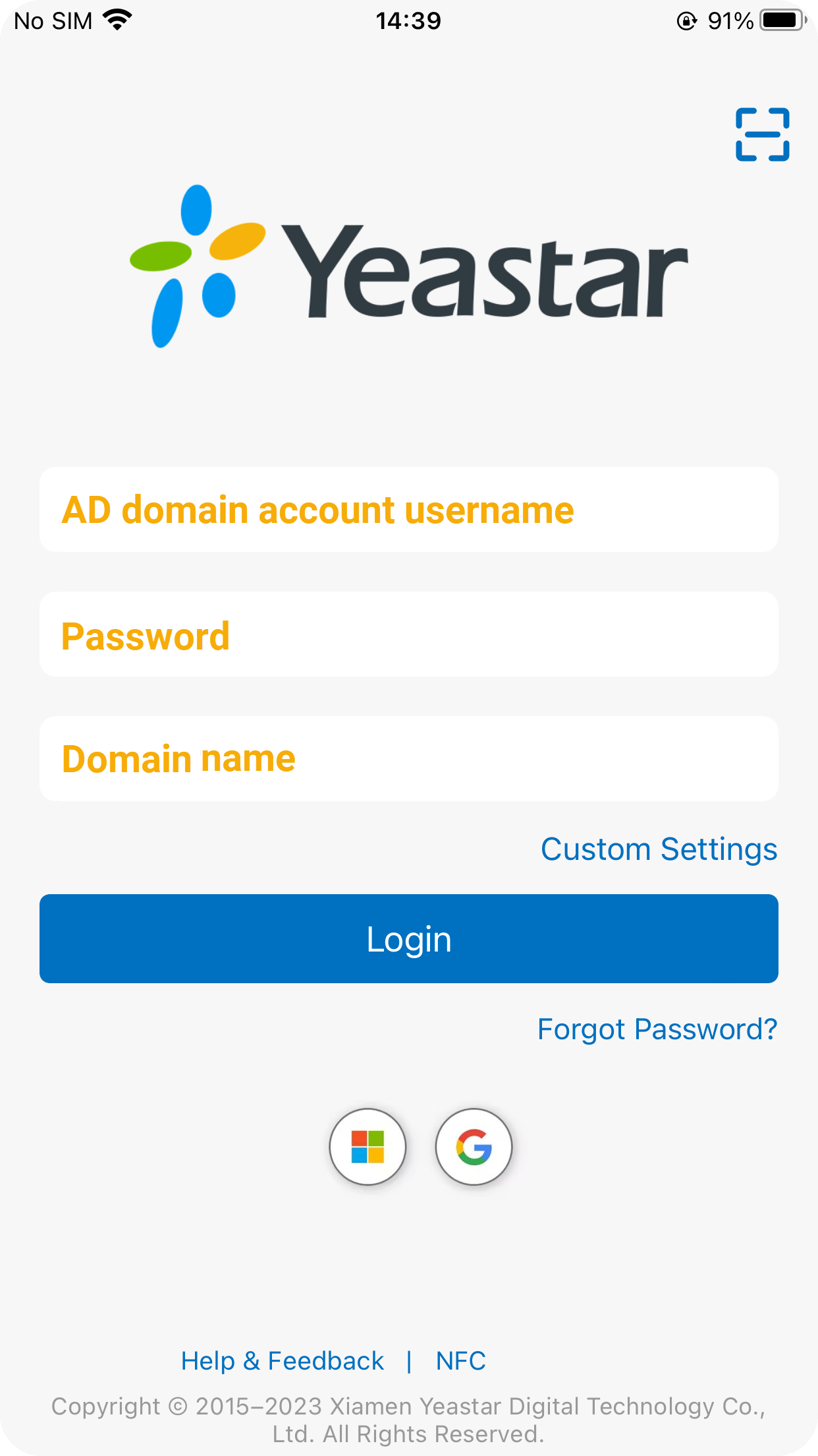 Cloud Voice, mobile login screen with the Username, Password, and SN/Domain fields filled in