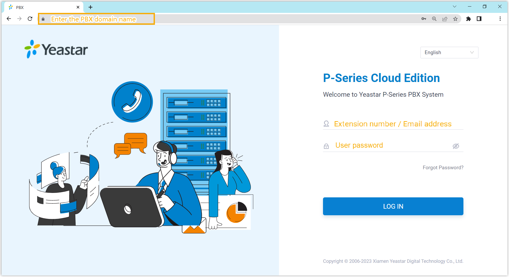 Cloud Voice, entering account details manually to sign in on the web app