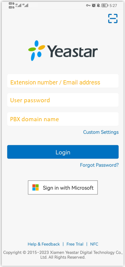 Cloud Voice, entering the domain name, username, and password to sign in on the mobile app