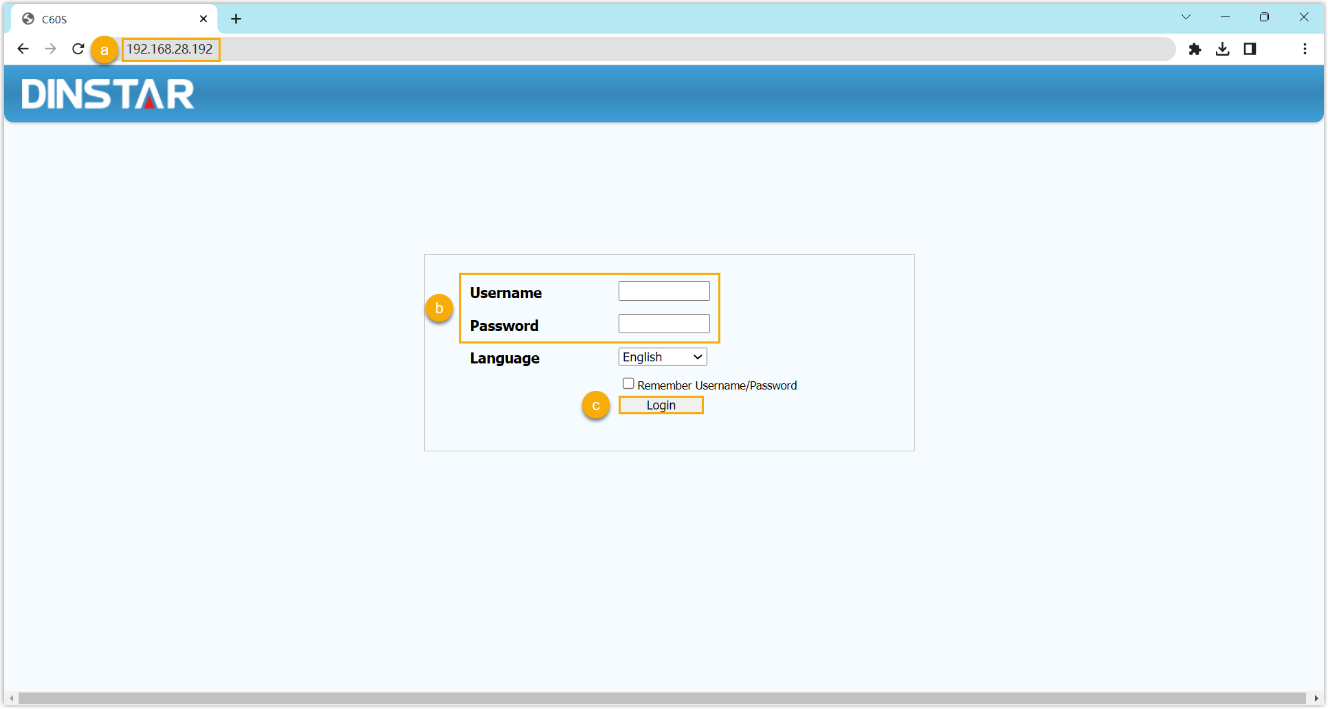 The Dinstar phone web login page with username and password fields