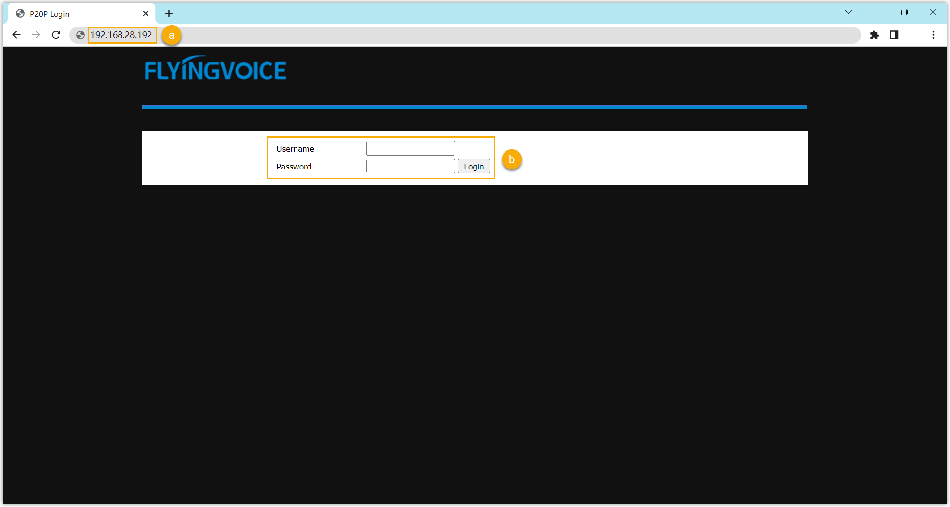 The Flyingvoice phone web login page with username and password fields