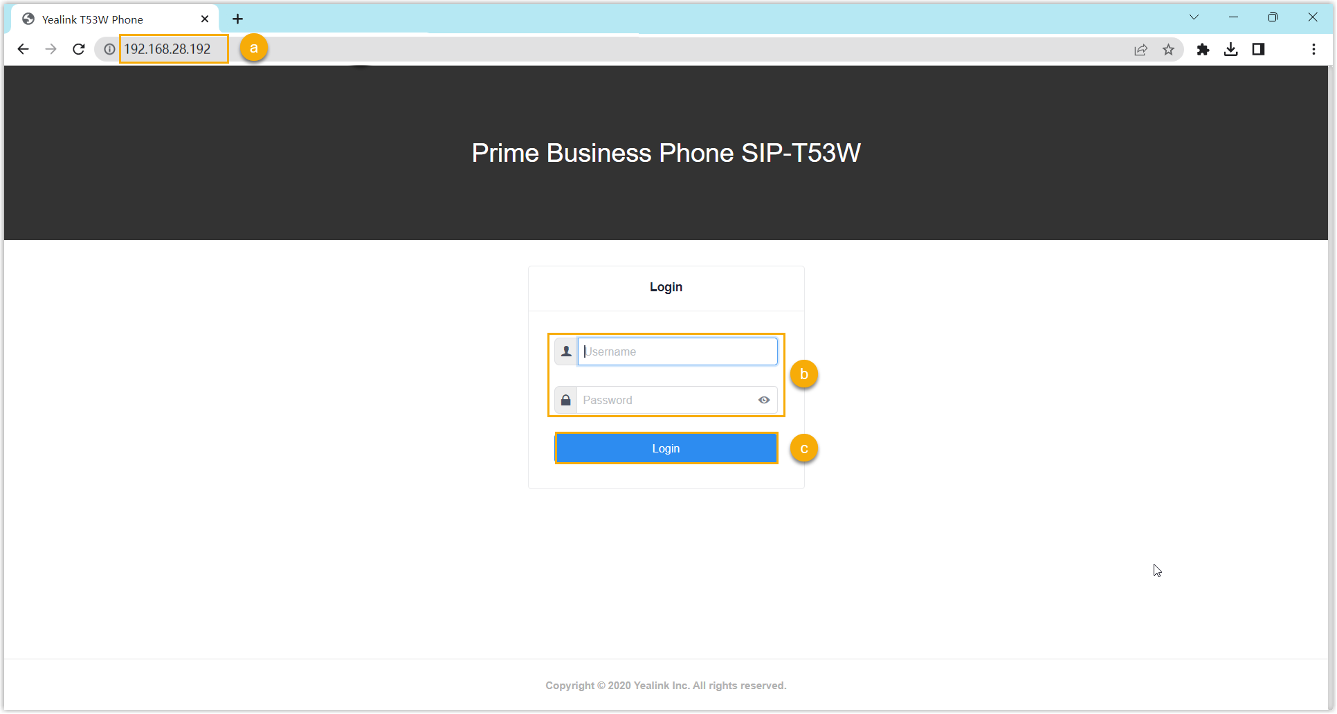 The Yealink phone web login page with username and password fields