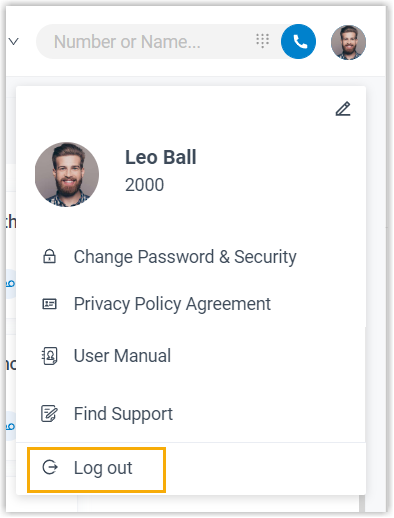 The account menu opened in the desktop client with the log out option available