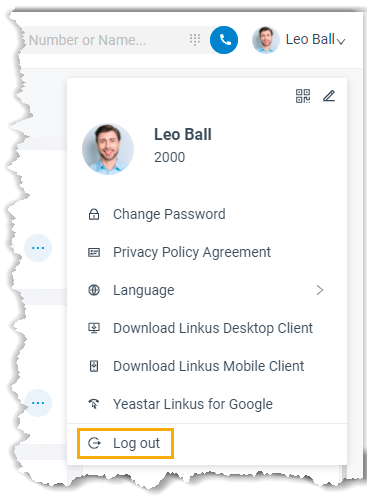 Cloud Voice, account menu with the Log out option