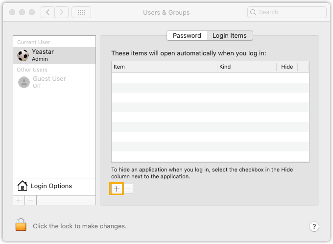 Cloud Voice, the Login Items tab in Users & Groups with the add button highlighted