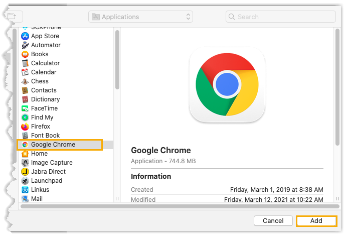 Cloud Voice, selecting a browser application to add to the macOS login items