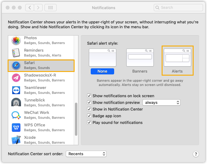 macOS notification preferences showing the alert style set to Alerts for a browser
