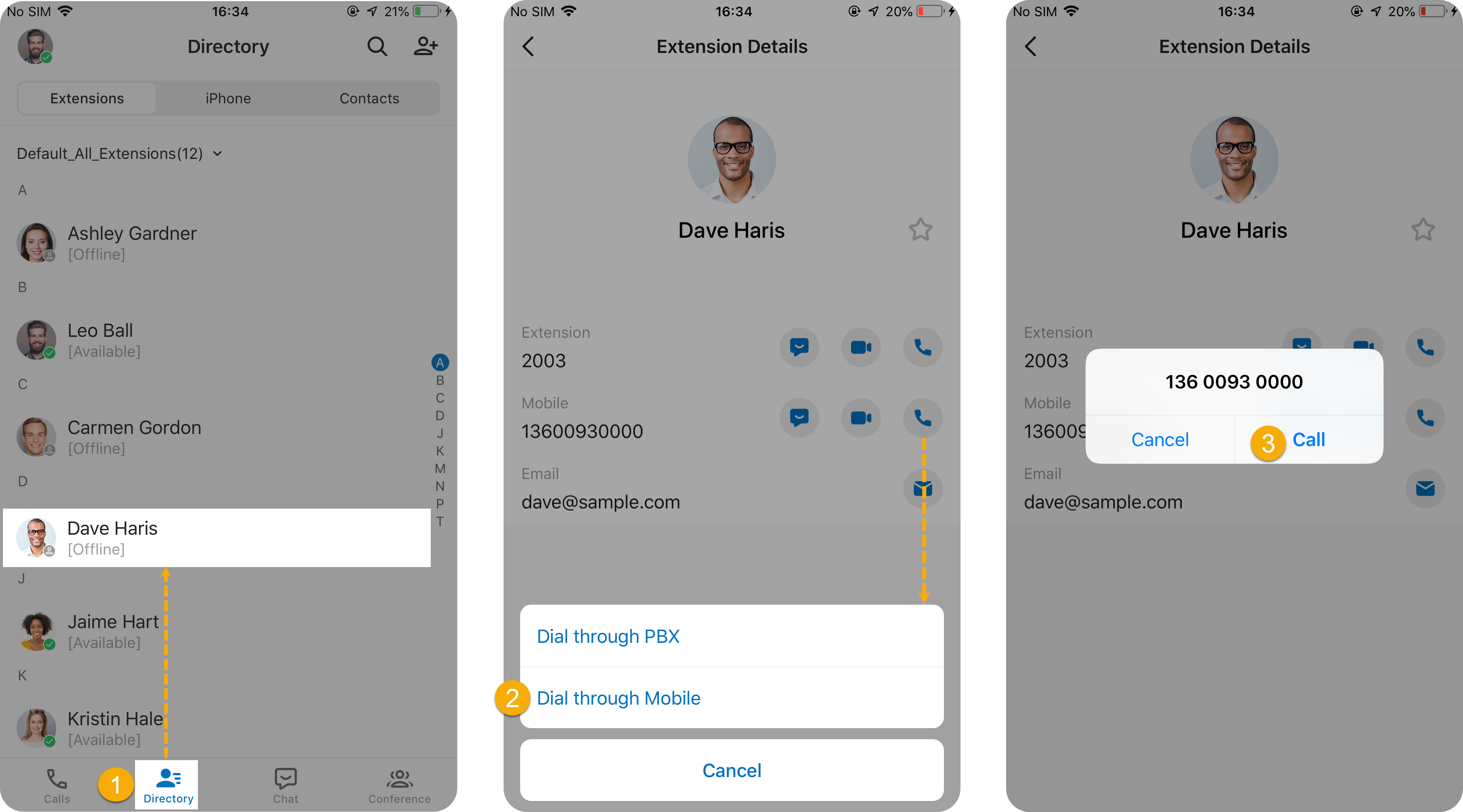 Contact directory in the mobile app with the option to dial an external number through the cellular line
