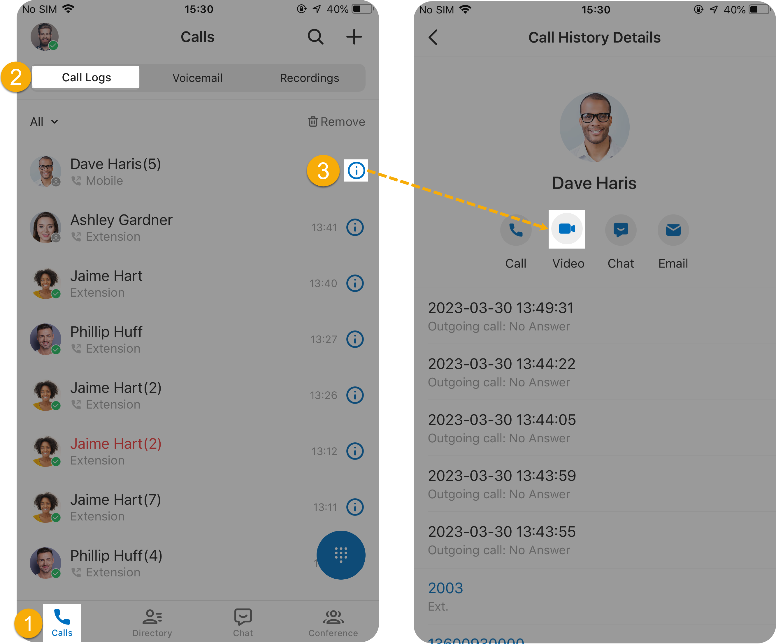 Opening call details from the call log to place a video call