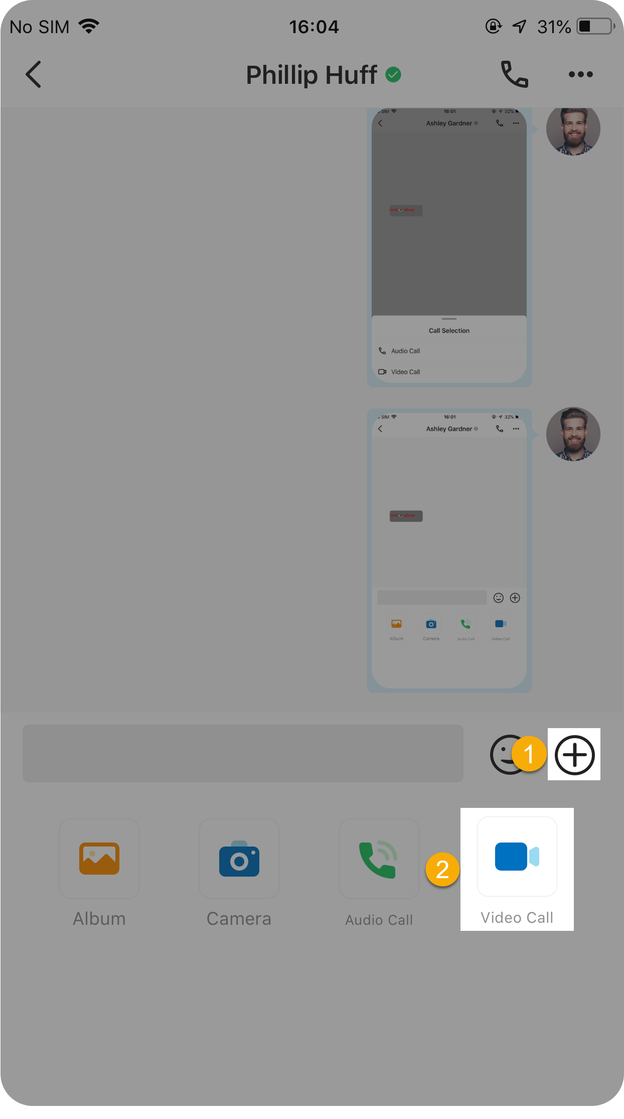 The add menu in the bottom-right corner of a chat, with the Video Call option