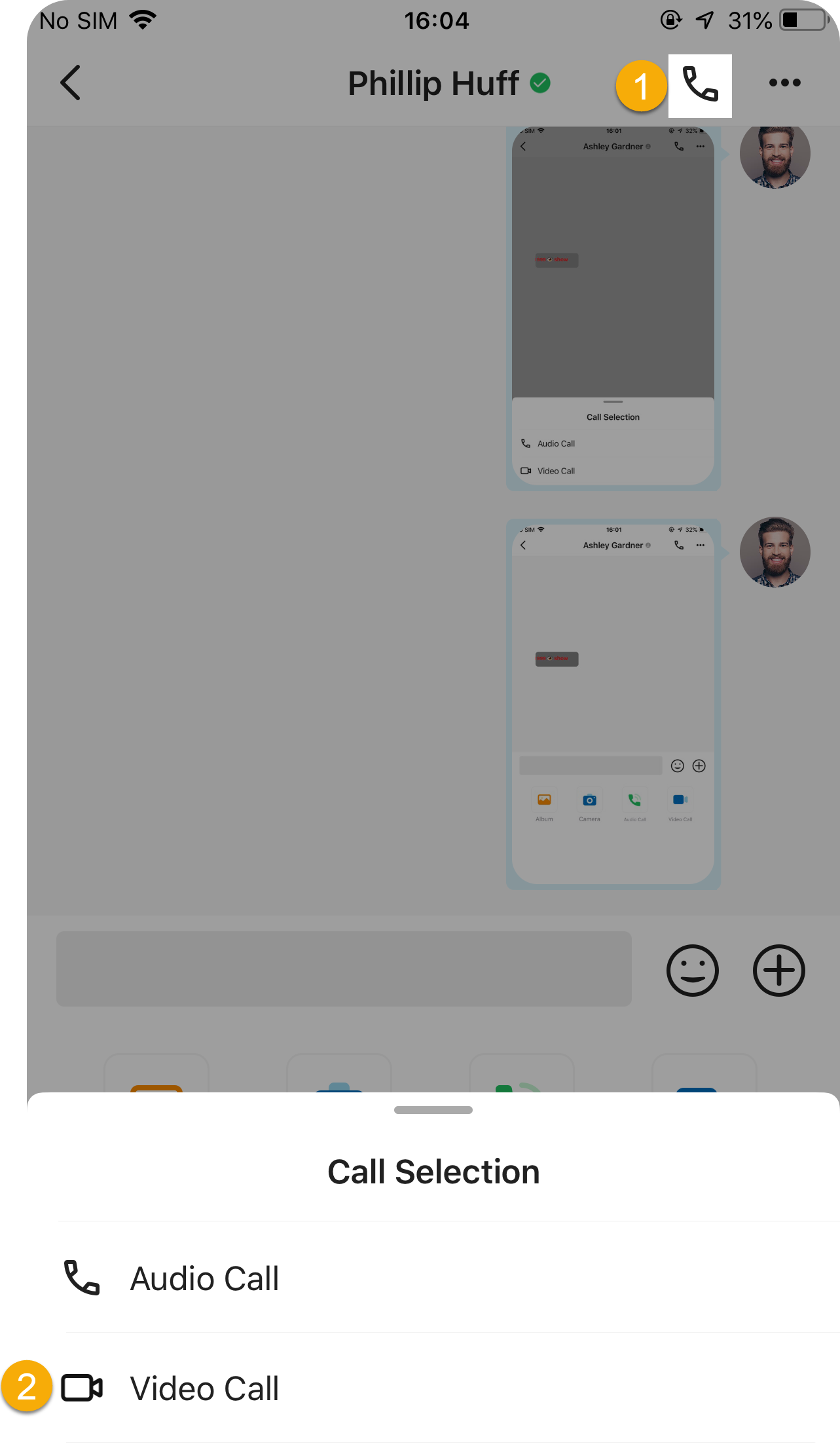 The call menu in the top-right corner of a chat, with the Video Call option