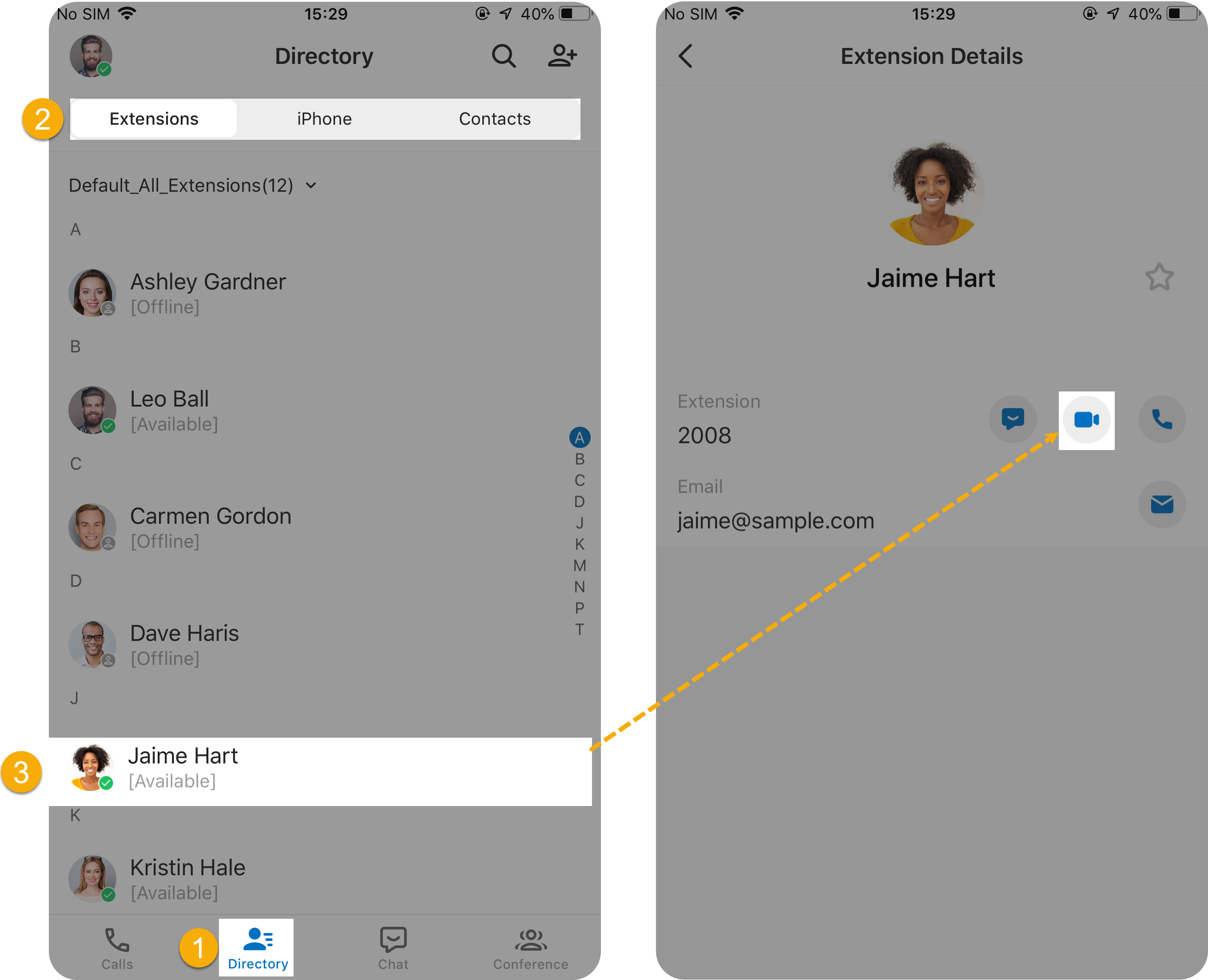 Starting a video call by selecting a contact in the directory