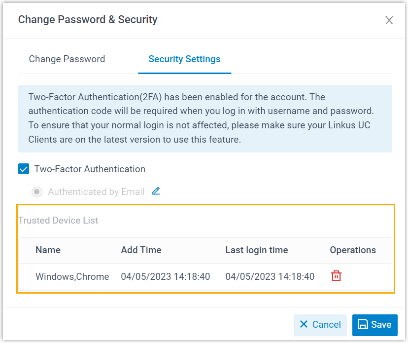 Cloud Voice, Security Settings showing the Trusted Device List with an entry for each remembered device