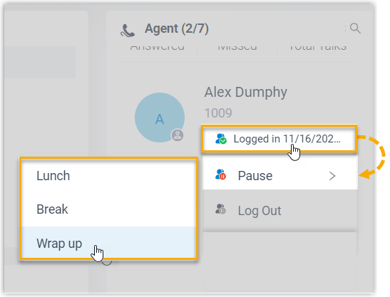 Queue manager setting an agent's pause reason from the queue panel
