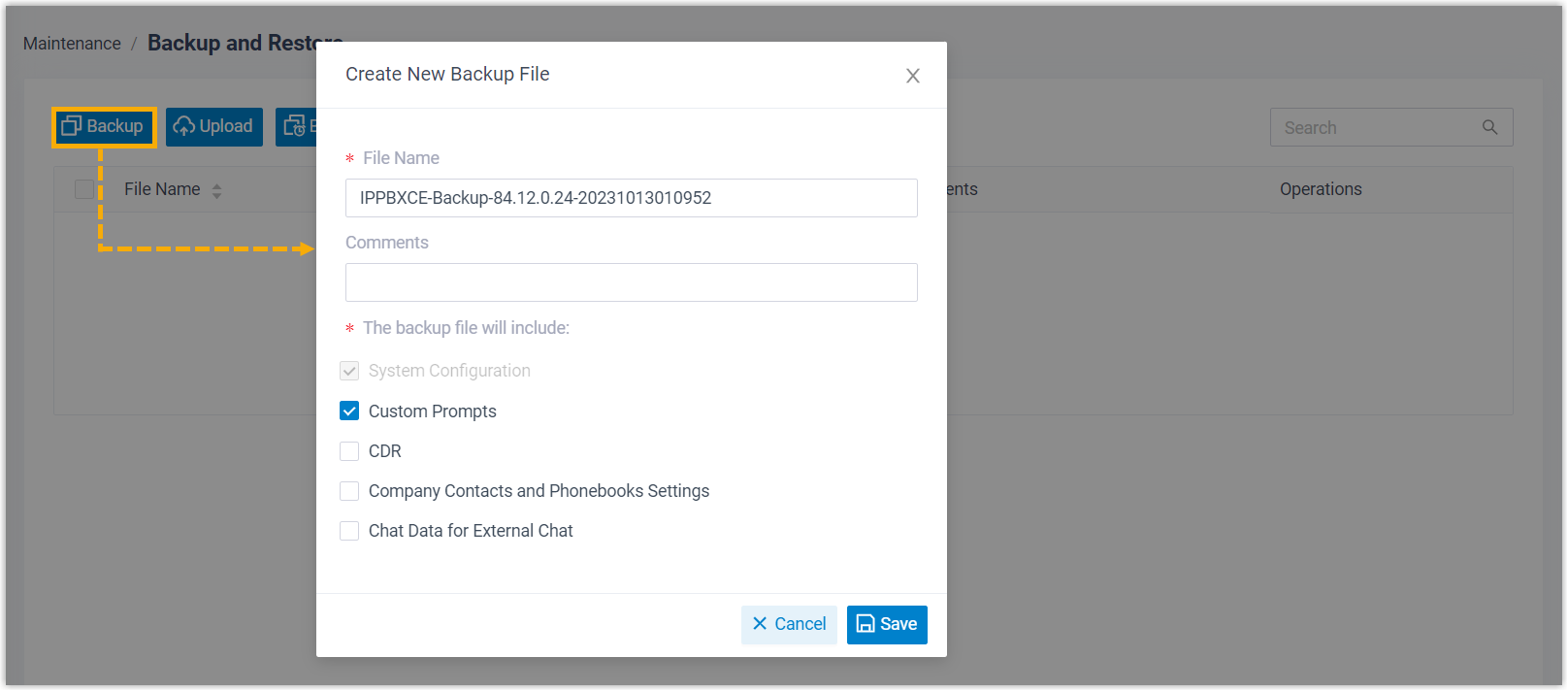 Manual backup dialog with selectable data and configuration items