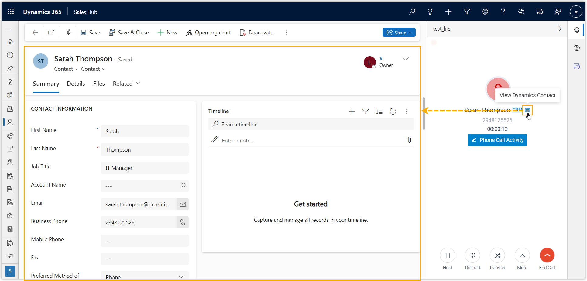 A CRM contact record opened manually from the call window
