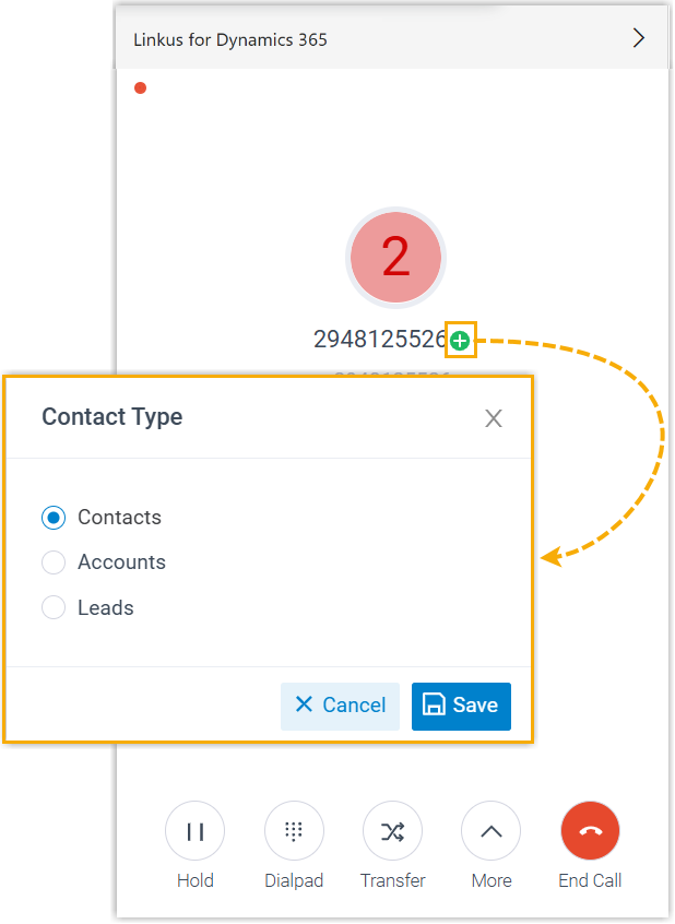 Cloud Voice, the in-call panel with the option to add an unknown number as a new record