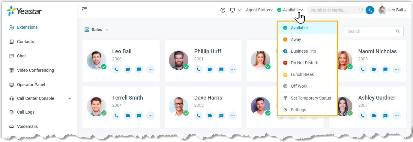 Cloud Voice, selecting a presence status from the drop-down in the top bar