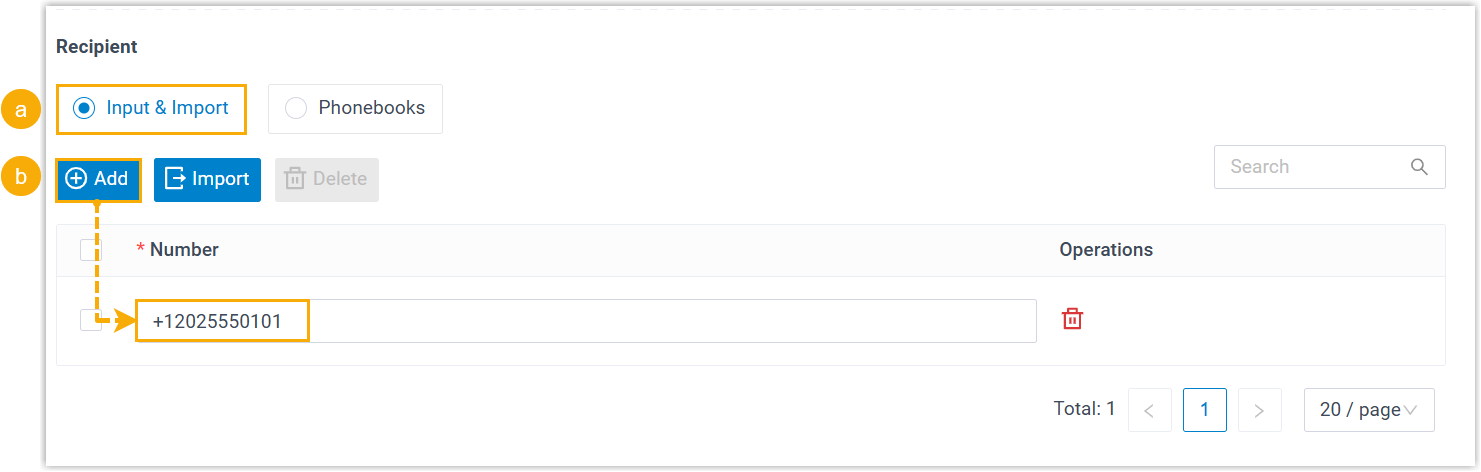 Adding recipient phone numbers by hand