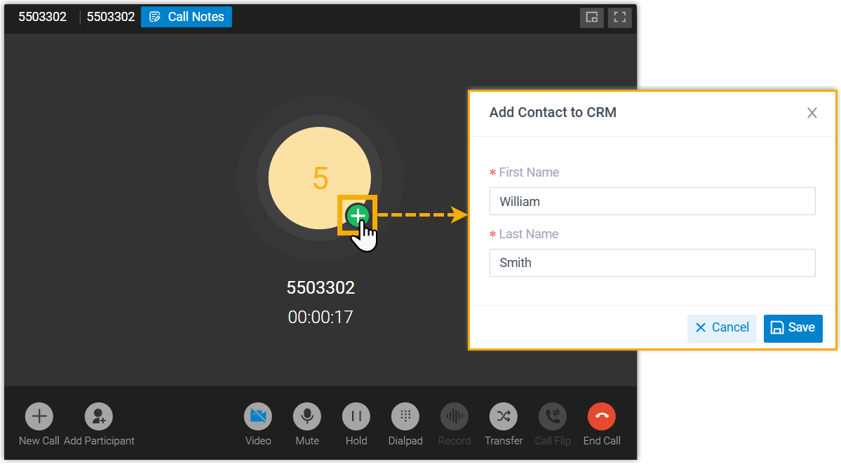Call window showing the option to manually add a contact to the CRM