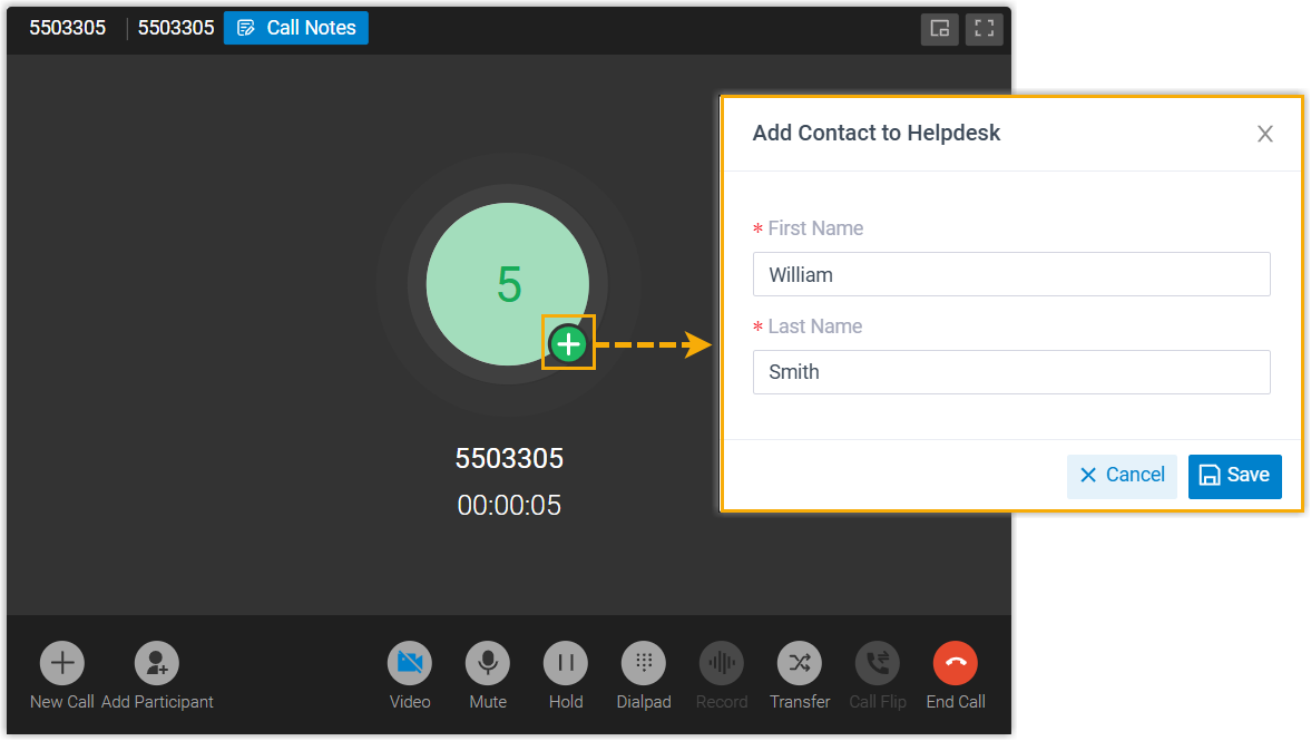 Adding an unknown caller to the Helpdesk from the call window