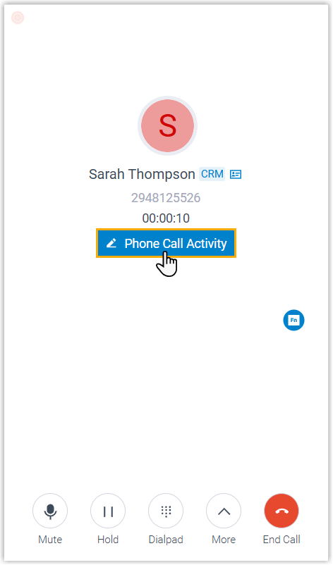 Call control showing the Phone Call Activity option
